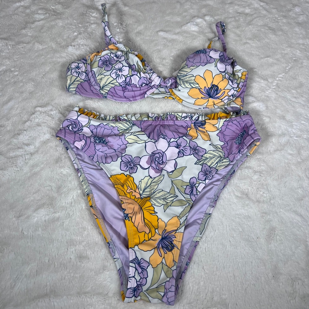 Cupshe Women's Purple Yellow Floral Underwire High Waisted Bikini Set Medium NWT - Picture 3 of 10